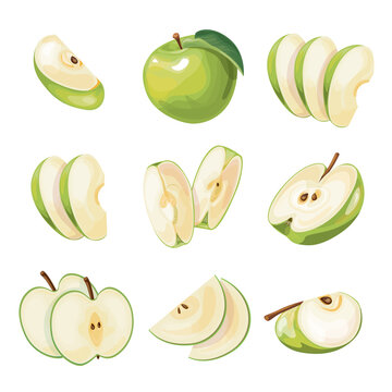 Bright Vector Set Of Colorful Half, Slice And Segment Of Juicy Green Apple. Fresh Cartoon Apples On White Background.