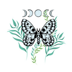 Occult illustration of flying moth. Hand drawn celestial element with moon phases. Flying butterfly alchemy logo design