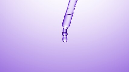 Macro shot of transparent drop hanging from chemical dropper on purple background | Abstract...
