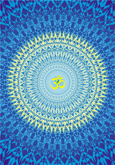 Openwork spiritual mandala in yellow and blue colors. Aum / Ohm / Om sign in the center. Spiritual symbol. Vector graphics.