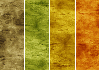 Collection of variations of colored vintage paper backgrounds. Templates of cracked spotted aged textural banners. Brown sepia, green, beige, fire orange.