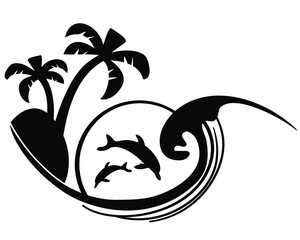 ocean waves and  dolphins silhouette. Vector circle graphic printable  illustration isolated on white. Travel summer icon print design for design