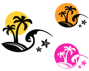 Fototapeta na wymiar Palm trees and ocean waves island vector silhouette illustration isolated on white. Travel summer printable design for tshirt, mug
