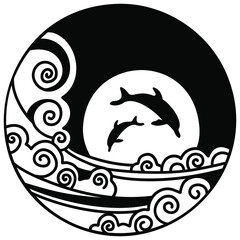 ocean waves and  dolphins silhouette. Vector circle graphic printable  illustration isolated on white. Travel summer icon print design for design
