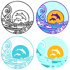 ocean waves and  dolphins silhouette. Vector circle graphic printable  illustration isolated on white. Travel summer icon print design for design