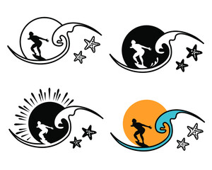 Surfing vector illustration. Surfer man drive big sea waves and sunshine circle abstract printable vector illutsration isolated on white