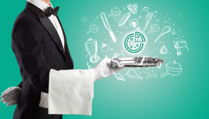 Waiter holding silver tray with food icons above - Powered by Adobe