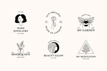 Modern hand drawn vector illustrations with magic logos. Beauty salon, Organic shop, jewellery, floral shop. Linear drawing. Perfect for logo, branding, social media, cards, prints - 498145701