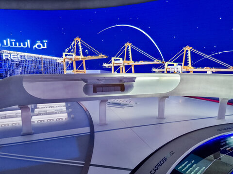Model of hyperloop inside DP World pavilion, located in Opportunity district is an Emirati multinational logistics company based in Dubai, United Arab Emirates- December 2, 2021 
