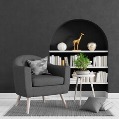 Dark grey concrete wall with modern furniture, minimal interior design, 3d render 3d illustration
