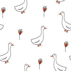Seamless pattern of celebration easter goose and orange flowers ​on white background in cartoon style   © Ольга Минич