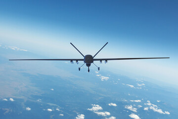 Fototapeta na wymiar Air Force unmanned aerial vehicle with military equipment flying near base, straight front view.