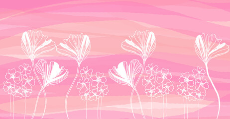 Sfondo rosa con velature e motivi floreali bianchi