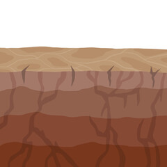 Land in the section. Underground background. Geological layer. Archaeological scenery. Brown ground. Dirt clay Vector cartoon with cracks