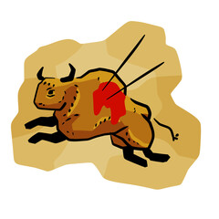 Rock art. Scene of bull hunt. Primitive life. Drawing in a cave. Animal wounded by spear or arrow. Sketch cartoon illustration