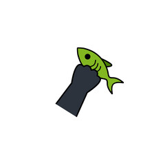 Cat paw hold fish. Proper nutrition and pet food. Kitten with toy. Outline cartoon illustration