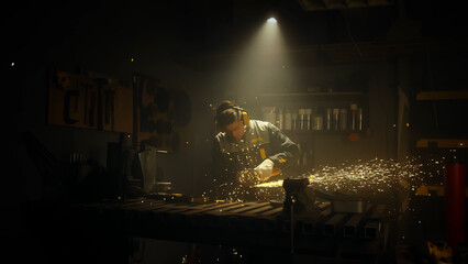 A man works with a circular saw. Worker grinder grinds metal in workshop. Sparks fly from hot metal. The man worked hard on the steel. Close-up slow motion in the garage