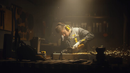 A man works with a circular saw. Worker grinder grinds metal in workshop. Sparks fly from hot metal. The man worked hard on the steel. Close-up slow motion in the garage