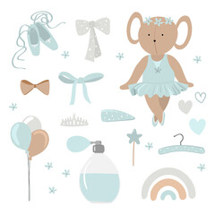 Collection of cute stickers mouse ballerina girl in a blue dress, pointe shoes, hanger, bow, balloons, hearts, perfume bottle, crown, magic wand, flowers, rainbow