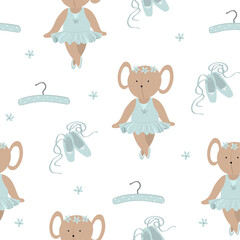 Seamless pattern with brown mouse ballerina girl in a blue dress, pointe shoes, hanger in cartoon style © Ольга Минич