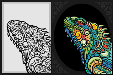Colorful iguana head zentangle art with black line sketch isolated on black and white background