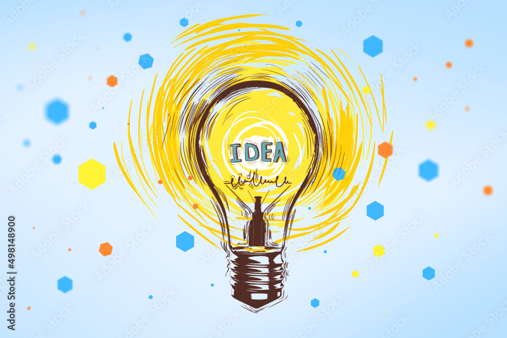Poster idea creativity concept with handwritten colorful light bulb with blue, red and yellow dots around o