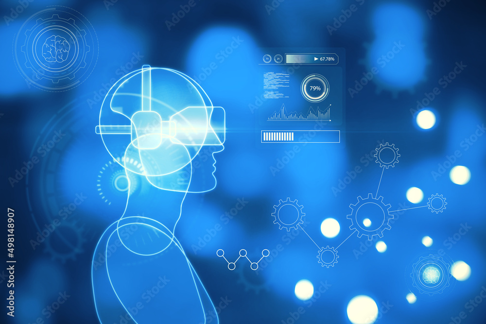 Poster Abstract blue guy or robot outline with VR glasses on blurry bokeh background with charts and various icons. Virtual reality and metaverse concept. 3D Rendering.