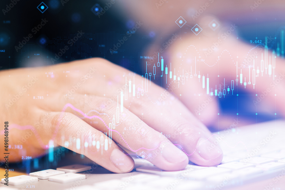 Poster close up of hands using keyboard with glowing forex chart on blurry background. fintech, digital tra