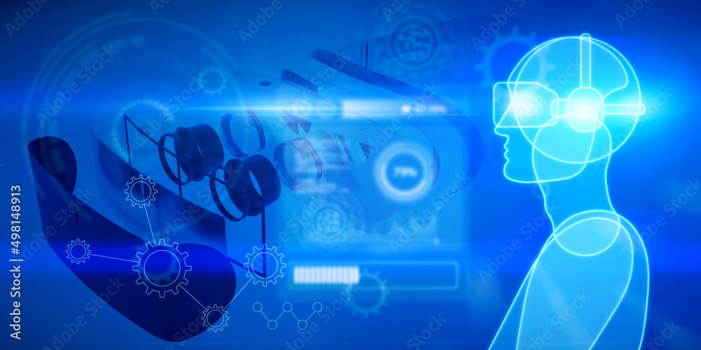 Poster Abstract blue guy or robot outline with VR glasses on blurry bokeh wallpaper with charts and various icons. Virtual reality, future and metaverse concept. 3D Rendering.