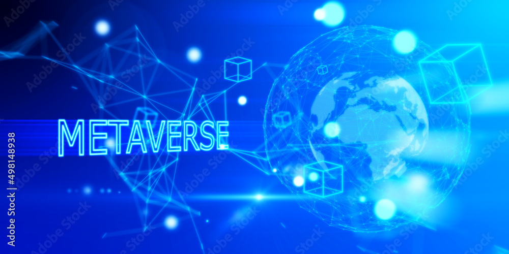 Poster Abstract glowing blue globe metaverse background. Augmented reality and future concept. 3D Rendering.