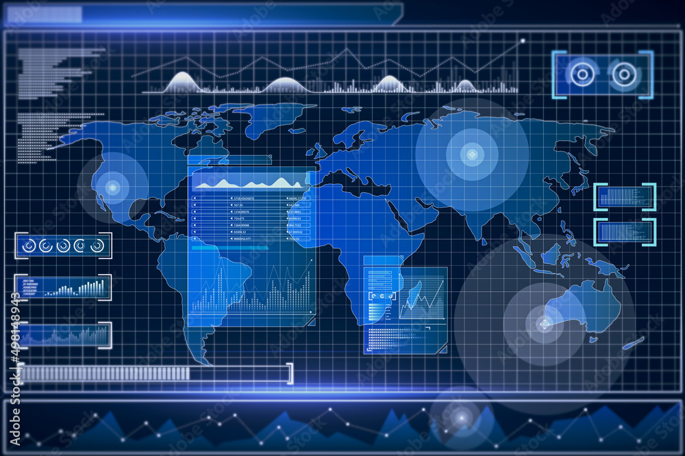 Poster Creative blue radar map interface on blurry background. Spy and hud concept. 3D Rendering.