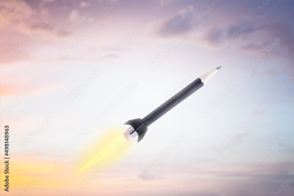 Poster Creative blue pencil rocket on sky background. Education and start up concept. 3D Rendering.