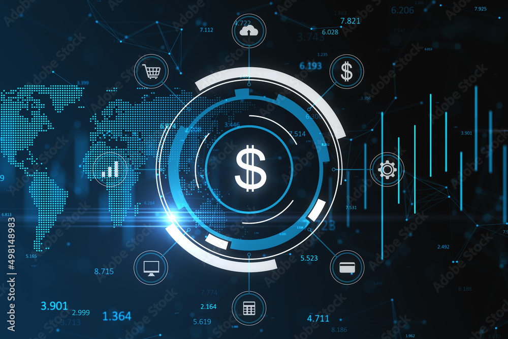Poster creative glowing dollar sign hologram with forex chart and map. currency, trade and online payment c