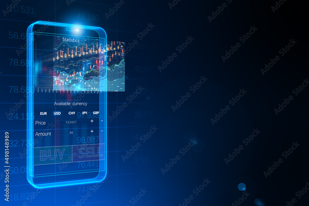 Poster Creative digital blue mobile phone with cryptocurrency buy sell chart and mock up place on blue backdrop. Bitcoin and trade concept. 3D Rendering.