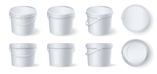 Set of white plastic buckets with handle and lid, different side views. Template mockup for branding - obrazy, fototapety, plakaty