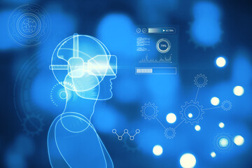 Abstract blue guy or robot outline with VR glasses on blurry bokeh background with charts and various icons. Virtual reality and metaverse concept. 3D Rendering.