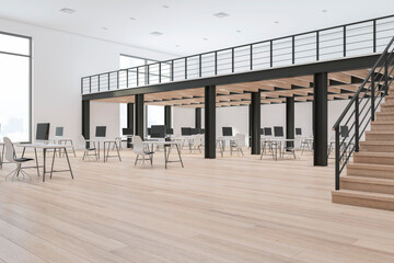 Contemporary wooden and concrete duplex office interior with daylight, furniture and equipment. 3D Rendering.
