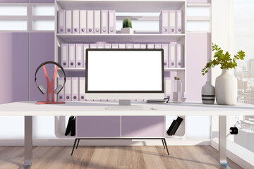 Clean designer office desktop in interior with bookshelf, mock up computer monitor and other decorative items. 3D Rendering.