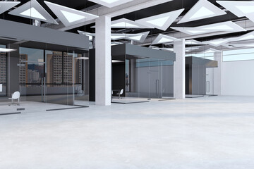 Contemporary concrete office corridor interior with glass doors with city view reflections. Workplace concept. 3D Rendering.