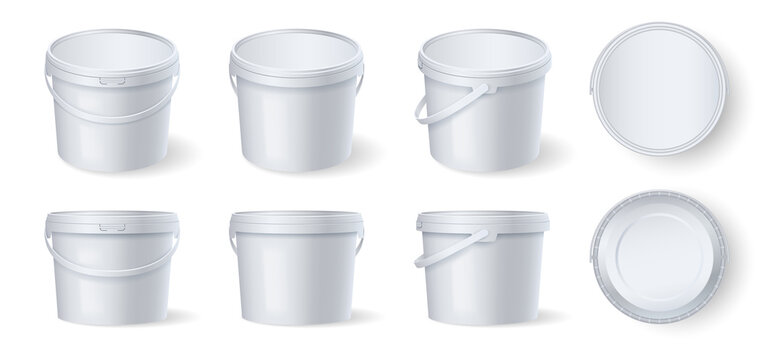 Set of white plastic buckets with handle and lid, different side views. Template mockup for branding