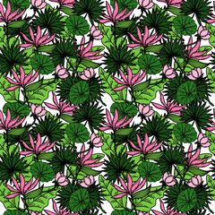 Seamless pattern of tropical strelitzia flower, palm tree leaves, lotus leaves and foliage. Hand-drawn doodle-style elements, bright flower and greenery. Tropics. Summer. Strelitzia. Isolated vector.