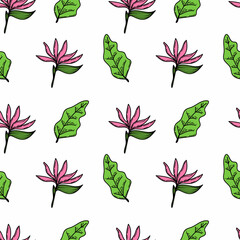 A seamless pattern of a tropical strelitzia flower and leaves. Hand-drawn elements in a doodle style sketch, bright flower and greenery. Tropics. Strelitzia. Isolated vector illustration.