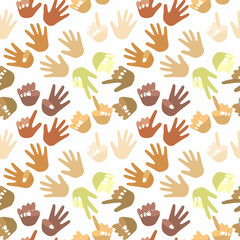 Seamless pattern of palms of different races, different colors. For mental math school, math course, creative children. Finger counting. Math. Modern design vector illustration concept for website.