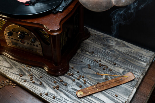Vinyl record player. Old school  style cinemagraph loop vinyl record player. Close up view of vintage plate player. Old style sound technology to play music. Rotating vintage phonograph 