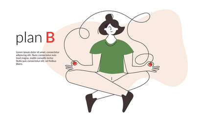 Plan B Alternative difficult path concept vector infographic illustration for banner or landing page template. Calm woman with chaos way or positive thinking route. Challenge to choose strategy