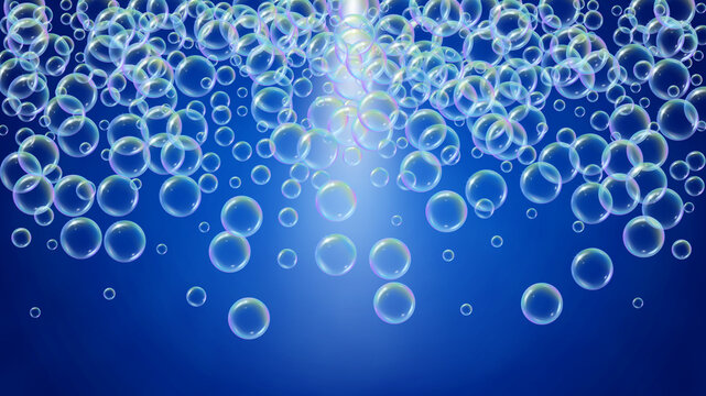 Soap bubble. Detergent bath foam and suds for bathtub. Shampoo. Rainbow Blue fizz and splash. Realistic water frame and border. 3d vector illustration invite. colorful liquid soap bubble.
