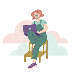 Female character working on a laptop. Home office or small online business concept. Hand drawn vector illustration