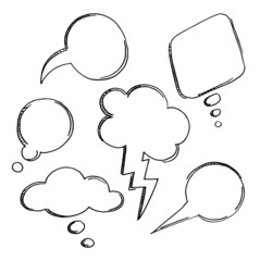 Hand-drawn speech bubbles. Thought bubbles in sketch style. Sketchy illustrated think draft. Isolated cartoon bubbles with place for word and text - 498150160