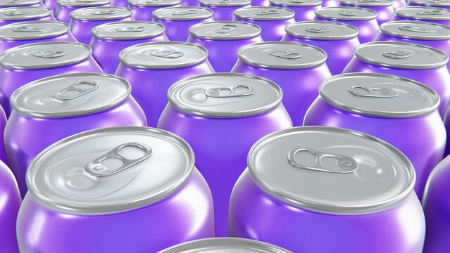 Realistic dolly camera looping 3D animation of the grape drink purple cans rendered in UHD