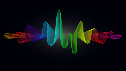 Abstract wave lines dynamic colorful light flowing isolated on black background.